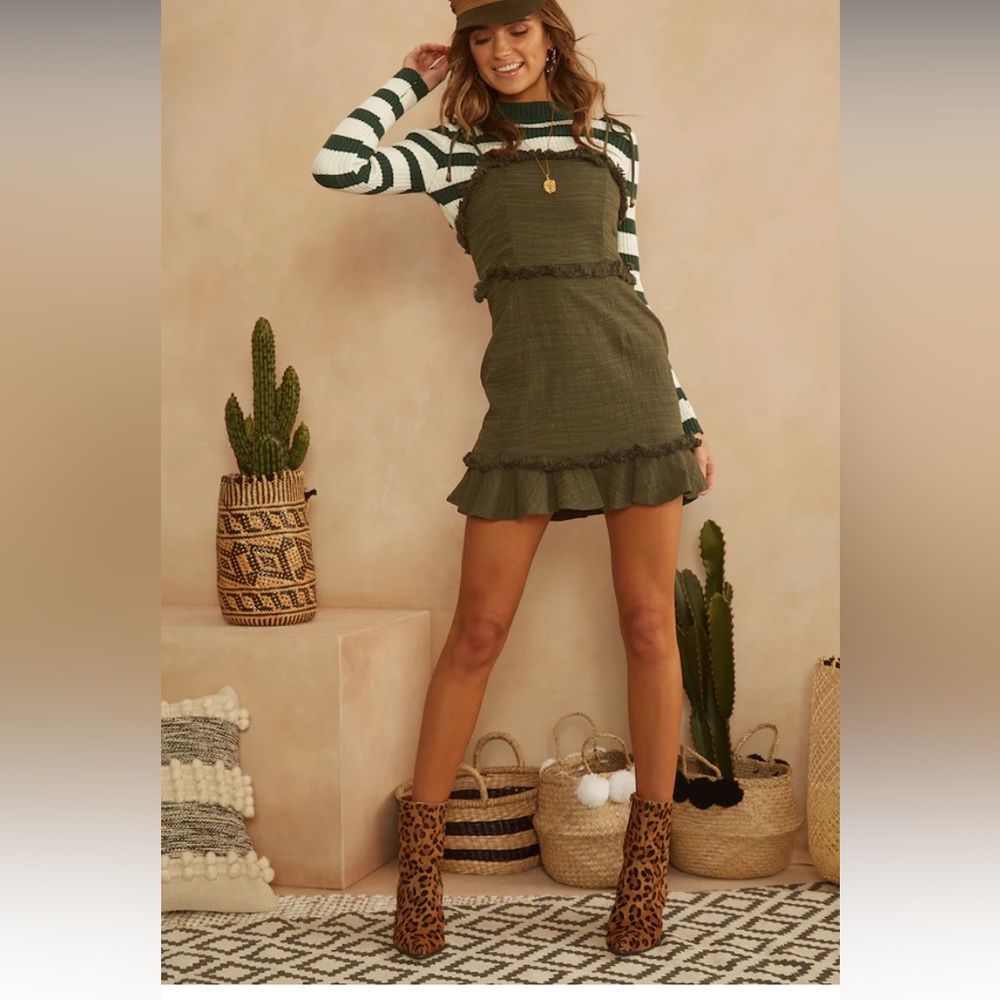 NWOT Anthropologie Market Olive Green Cotton with Fringe Minidress Size Medium